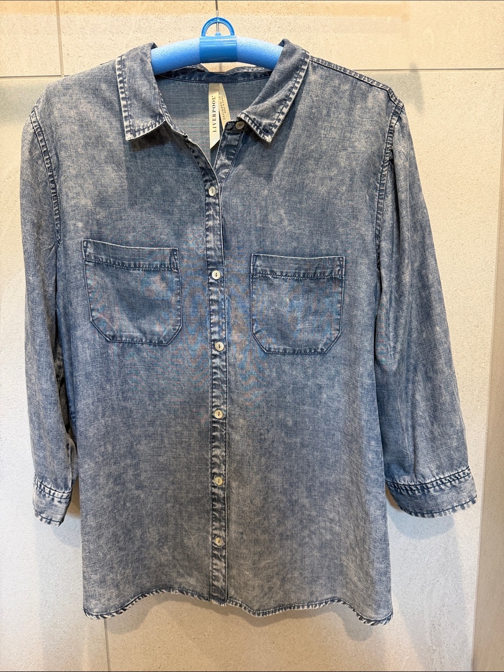 Liverpool Washed Denim Blue Casual Button-Down Shirt
